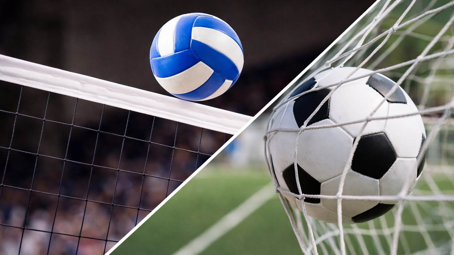 Soccer ball into the net combined with a volleyball in the air