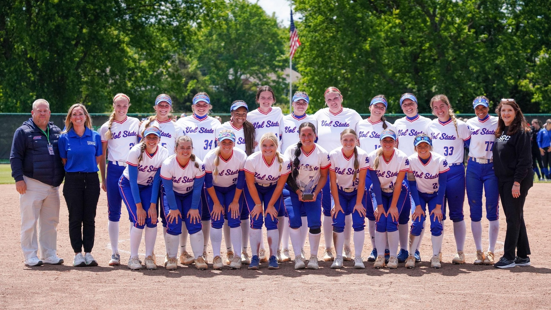 The Lady Pioneer Softball team posing for a photo as TCCAA Champions.